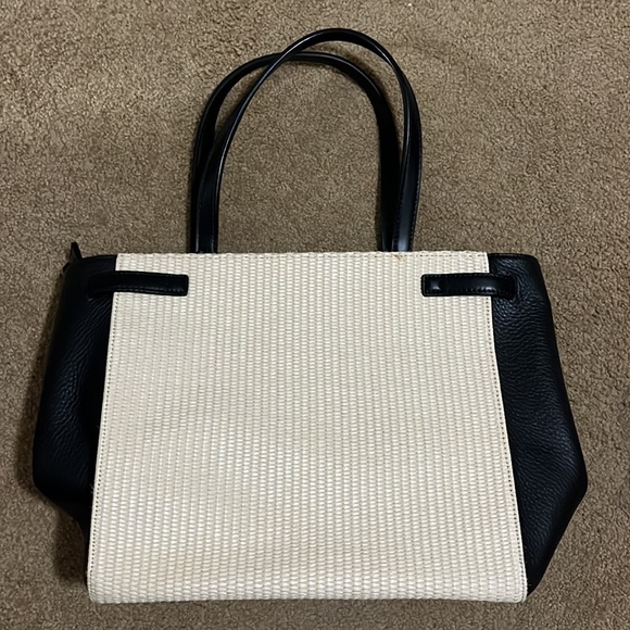 KATE SPADE Black Leather White Woven Patterned Silver Tone Hardware Tote Handbag - Picture 2 of 12